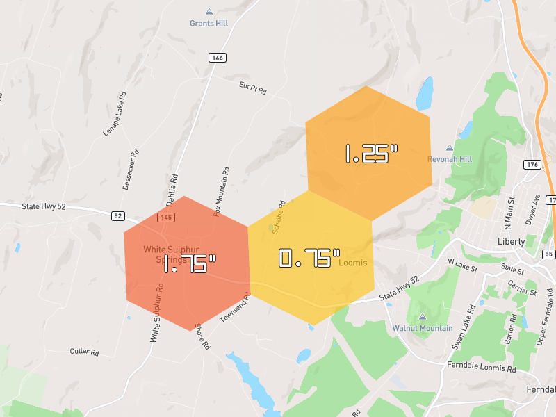 Hail map of Liberty, NY on Jun 6, 2026, hail up to 1.75"