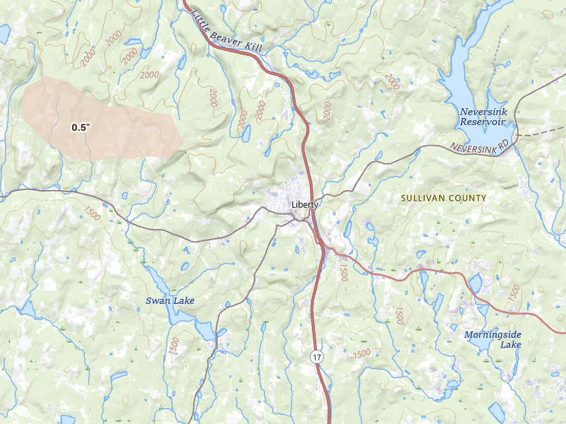 Radar-estimated hail-size map of the storm over Liberty, NY on Jul 4, 2026