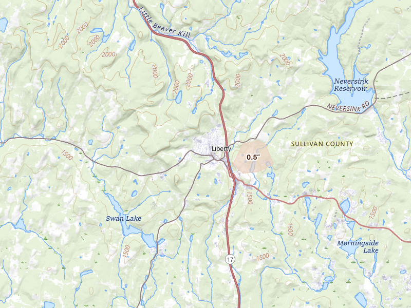 Radar-estimated hail-size map of the storm over Liberty, NY on Jul 27, 2026