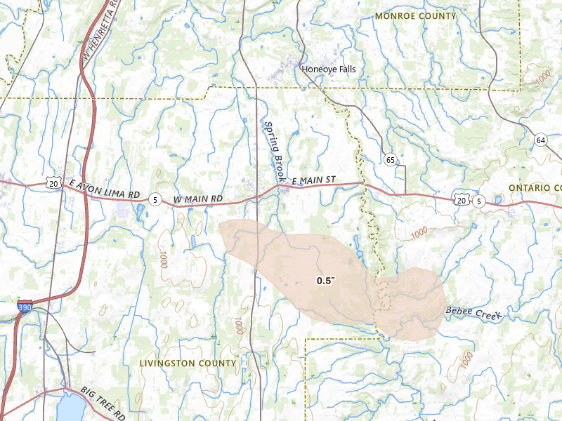 Radar-estimated hail-size map of the storm over Lima, NY on Aug 12, 2026