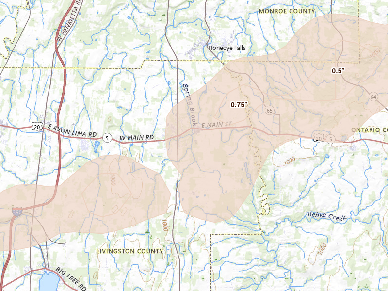 Radar-estimated hail-size map of the storm over Lima, NY on Sep 2, 2026