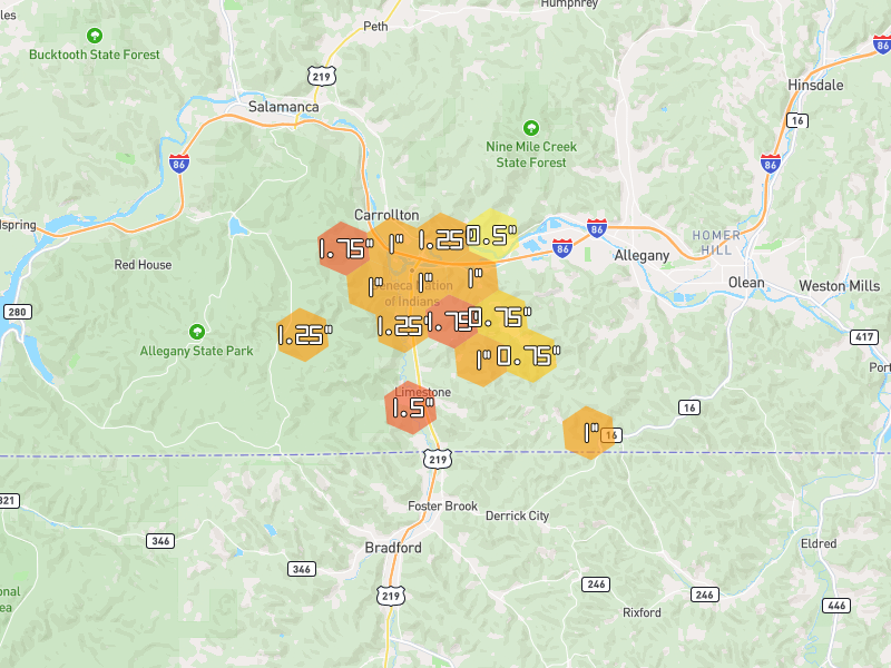 Hail map of Limestone, NY on Jul 28, 2026, hail up to 1.75"