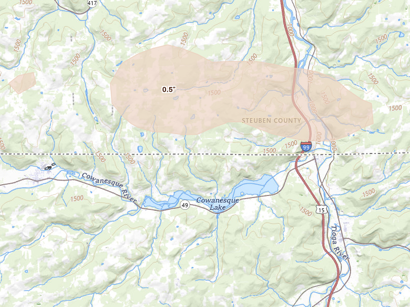 Radar-estimated hail-size map of the storm over Lindley, NY on Apr 15, 2026