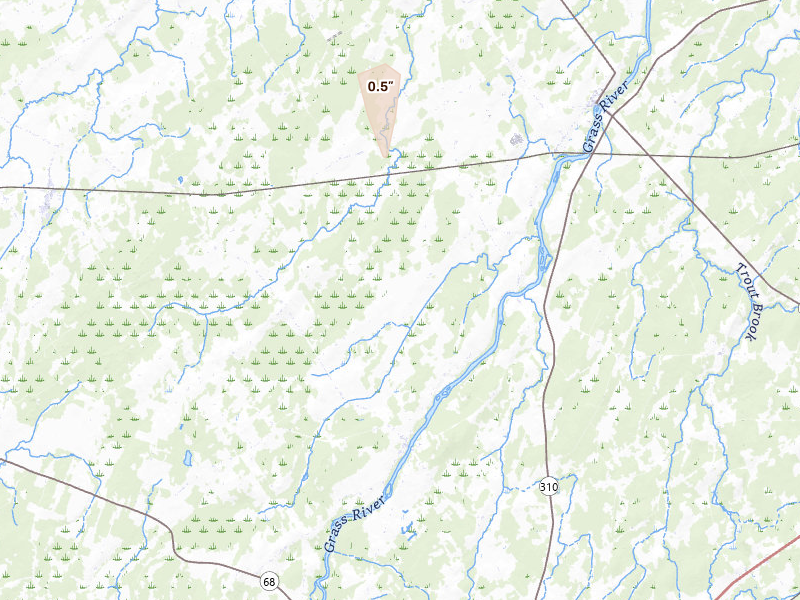 Radar-estimated hail-size map of the storm over Lisbon, NY on Jan 20, 2026