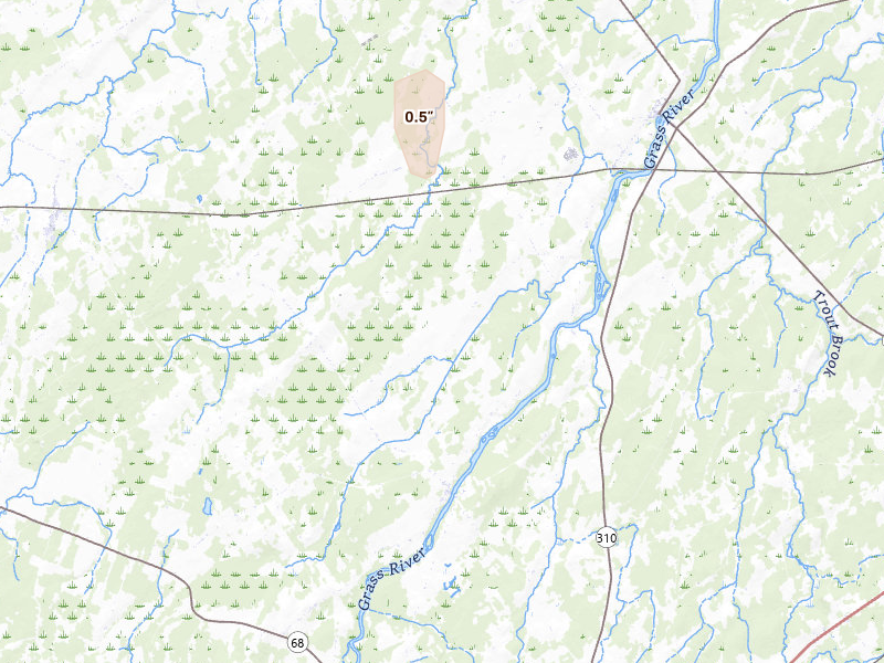 Radar-estimated hail-size map of the storm over Lisbon, NY on Jan 22, 2026
