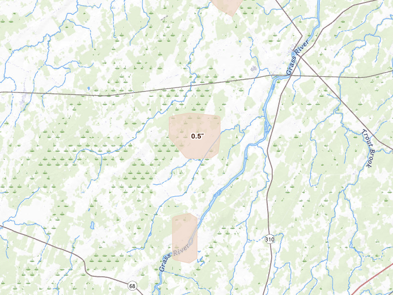 Radar-estimated hail-size map of the storm over Lisbon, NY on Mar 3, 2026