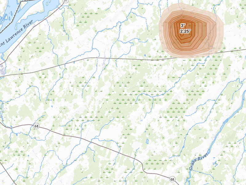 Radar-estimated hail-size map of the storm over Lisbon, NY on Mar 16, 2026
