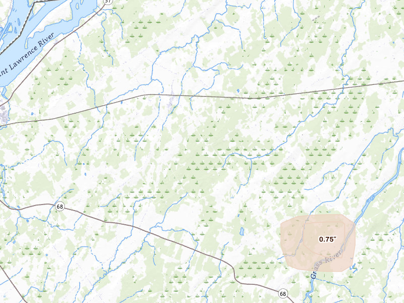 Radar-estimated hail-size map of the storm over Lisbon, NY on Mar 22, 2026