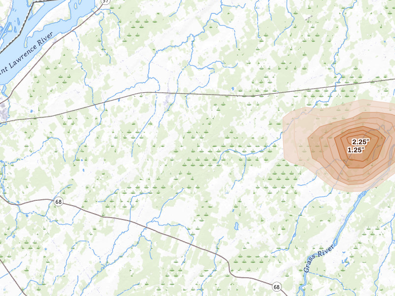 Radar-estimated hail-size map of the storm over Lisbon, NY on May 5, 2026
