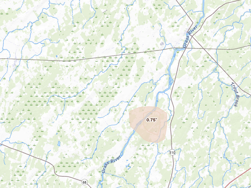 Radar-estimated hail-size map of the storm over Lisbon, NY on May 7, 2026
