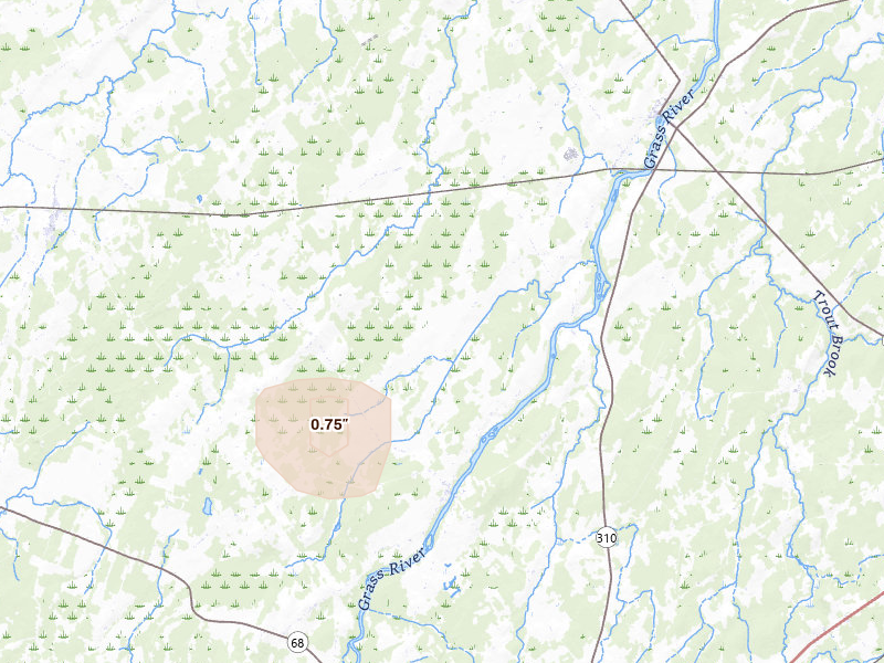 Radar-estimated hail-size map of the storm over Lisbon, NY on May 10, 2026