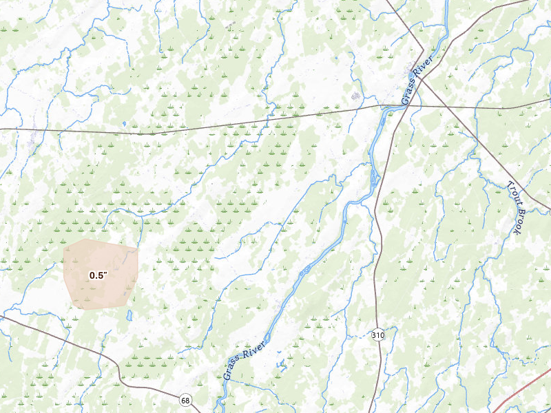 Radar-estimated hail-size map of the storm over Lisbon, NY on Jun 6, 2026