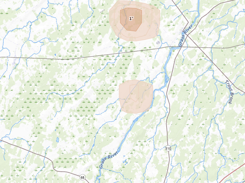 Radar-estimated hail-size map of the storm over Lisbon, NY on Jun 23, 2026