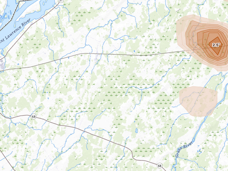 Radar-estimated hail-size map of the storm over Lisbon, NY on Jun 25, 2026