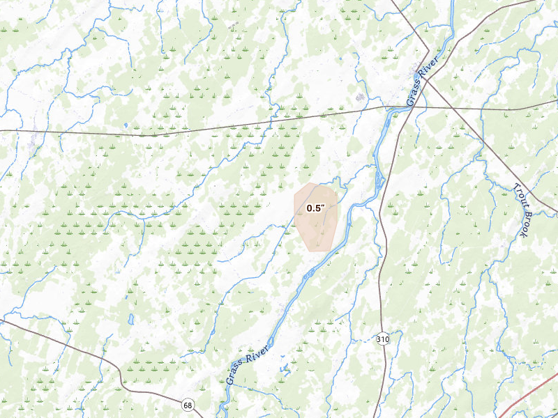 Radar-estimated hail-size map of the storm over Lisbon, NY on Jul 3, 2026