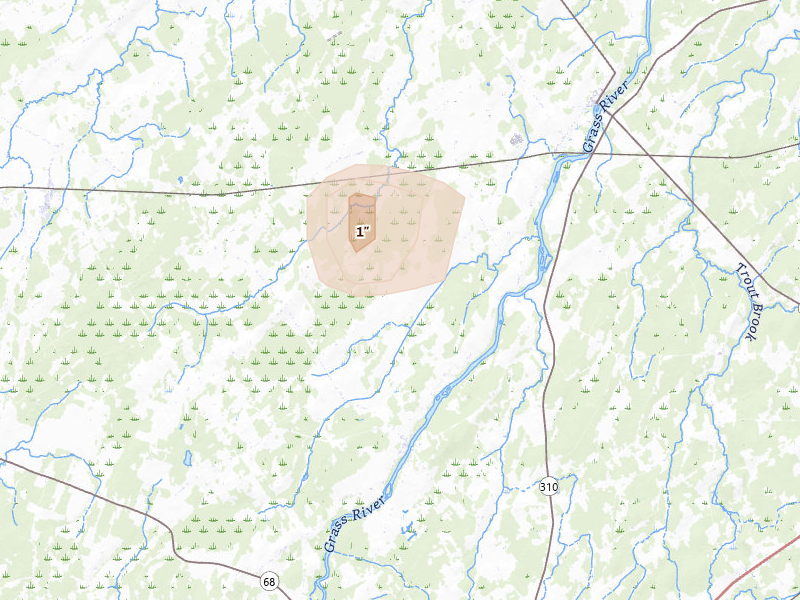 Radar-estimated hail-size map of the storm over Lisbon, NY on Jul 27, 2026