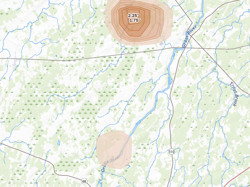 Radar-estimated hail-size map of the storm over Lisbon, NY on Aug 7, 2026