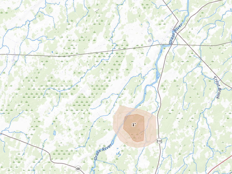 Radar-estimated hail-size map of the storm over Lisbon, NY on Aug 12, 2026
