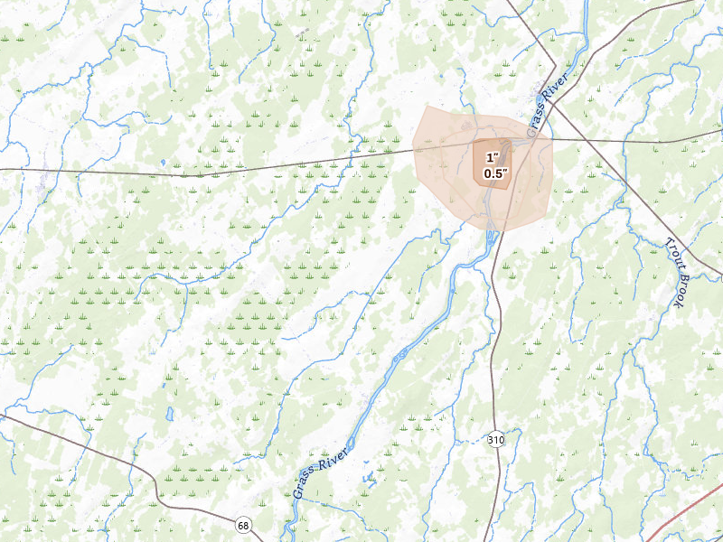 Radar-estimated hail-size map of the storm over Lisbon, NY on Aug 20, 2026