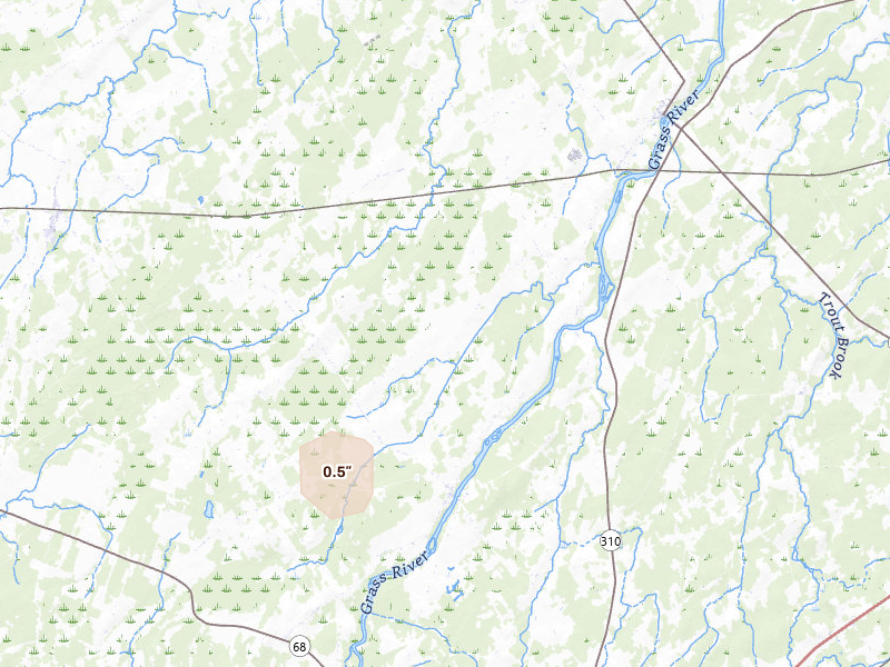 Radar-estimated hail-size map of the storm over Lisbon, NY on Aug 24, 2026