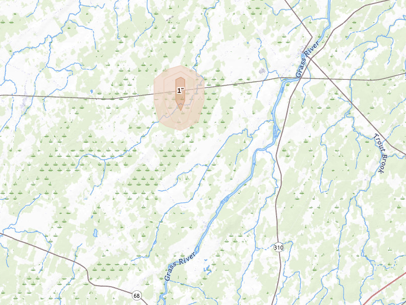 Radar-estimated hail-size map of the storm over Lisbon, NY on Aug 31, 2026