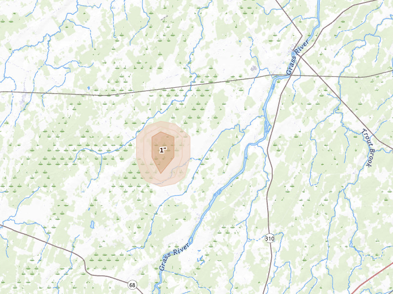 Radar-estimated hail-size map of the storm over Lisbon, NY on Sep 2, 2026
