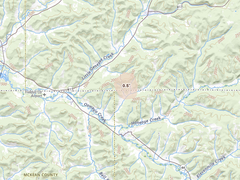 Radar-estimated hail-size map of the storm over Little Genesee, NY on Jul 27, 2026
