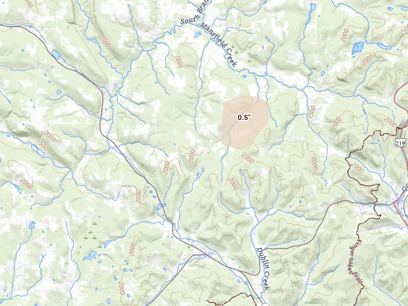 Radar-estimated hail-size map of the storm over Little Valley, NY on Feb 22, 2026