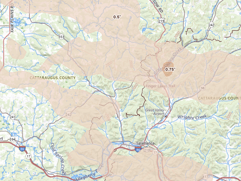 Radar-estimated hail-size map of the storm over Little Valley, NY on Sep 2, 2026