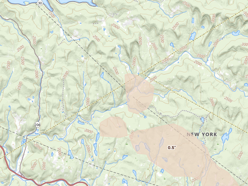 Radar-estimated hail-size map of the storm over Livingston Manor, NY on Jul 1, 2026