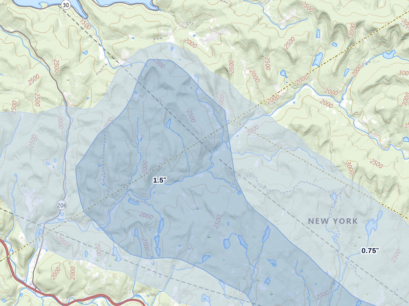 NEXRAD radar-signature map of the hail storm over Livingston Manor, NY on Jul 1, 2026