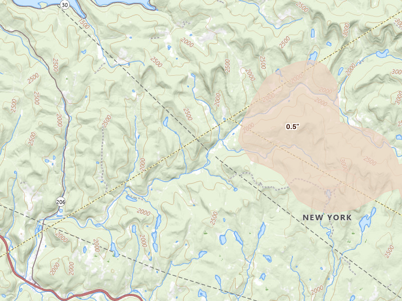 Radar-estimated hail-size map of the storm over Livingston Manor, NY on Jul 4, 2026