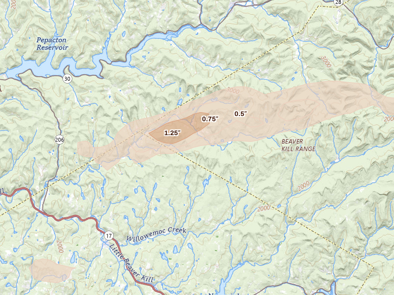 Radar-estimated hail-size map of the storm over Livingston Manor, NY on Aug 27, 2026