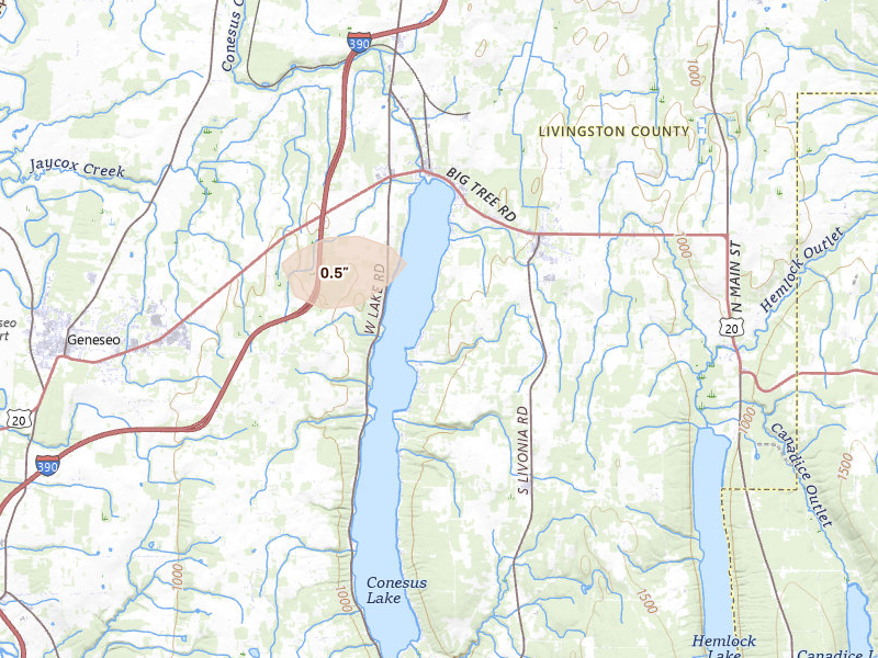 Radar-estimated hail-size map of the storm over Livonia, NY on Jul 21, 2026