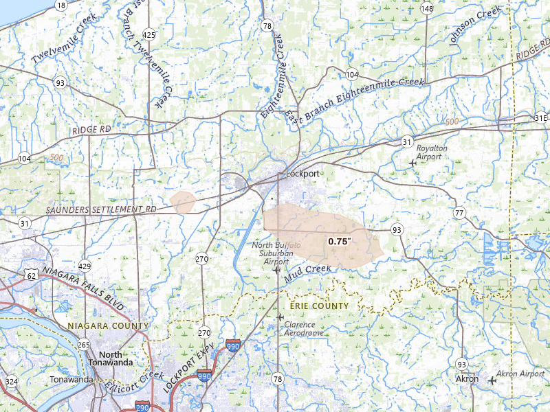Radar-estimated hail-size map of the storm over Lockport, NY on Jun 19, 2026