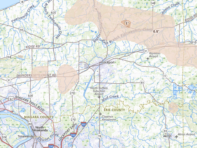 Radar-estimated hail-size map of the storm over Lockport, NY on Jul 18, 2026