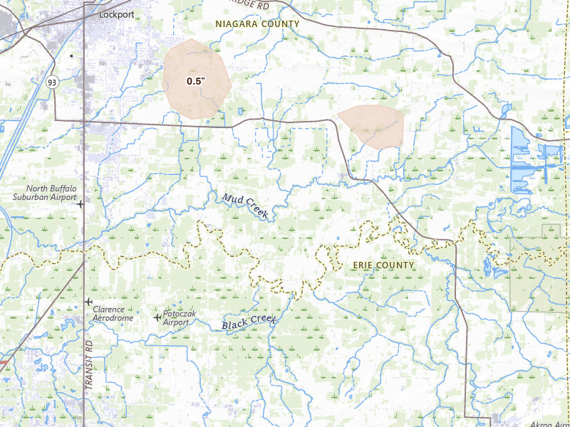 Radar-estimated hail-size map of the storm over Lockport, NY on Aug 12, 2026
