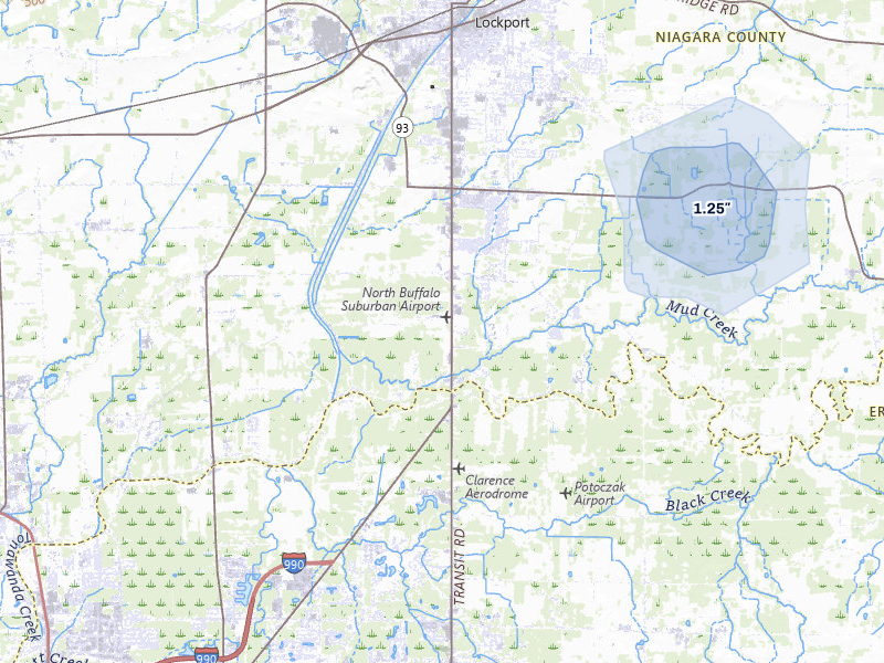 NEXRAD radar-signature map of the hail storm over Lockport, NY on Aug 12, 2026