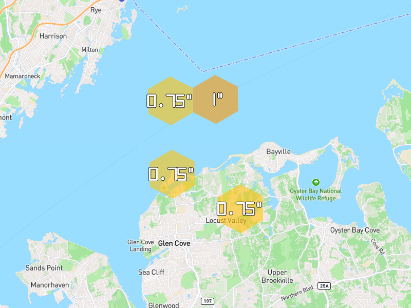 Hail map of Locust Valley, NY on Jul 21, 2026, hail up to 1"