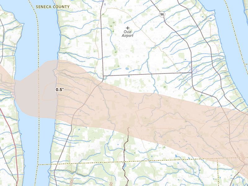 Radar-estimated hail-size map of the storm over Lodi, NY on Jul 18, 2026