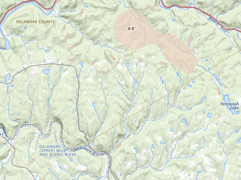 Radar-estimated hail-size map of the storm over Long Eddy, NY on Jul 18, 2026