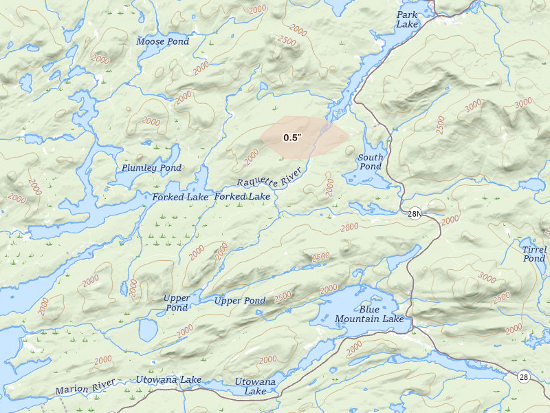 Radar-estimated hail-size map of the storm over Long Lake, NY on Jul 1, 2026