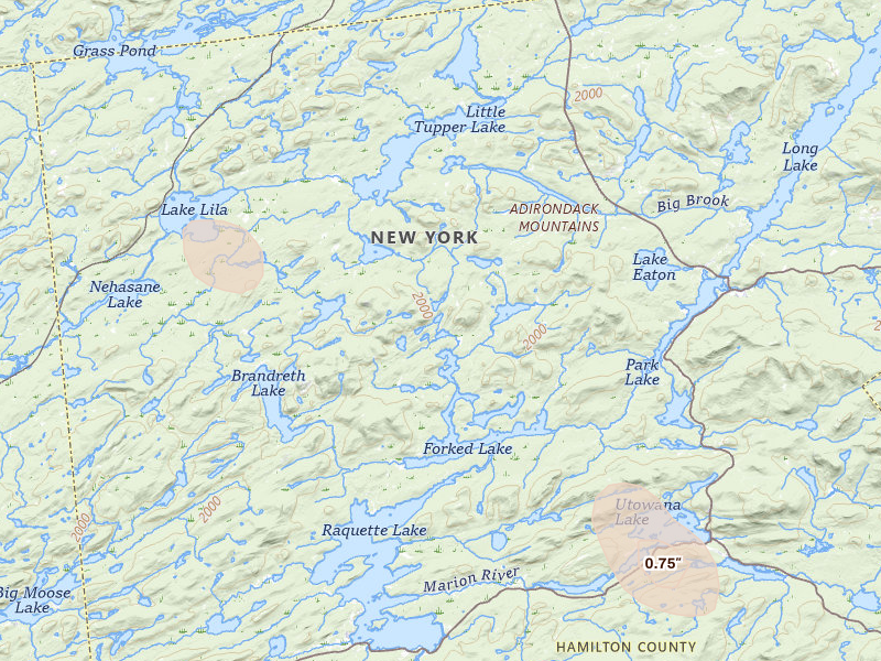 Radar-estimated hail-size map of the storm over Long Lake, NY on Aug 14, 2026