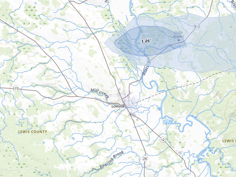 NEXRAD radar-signature map of the hail storm over Lowville, NY on Jul 1, 2026