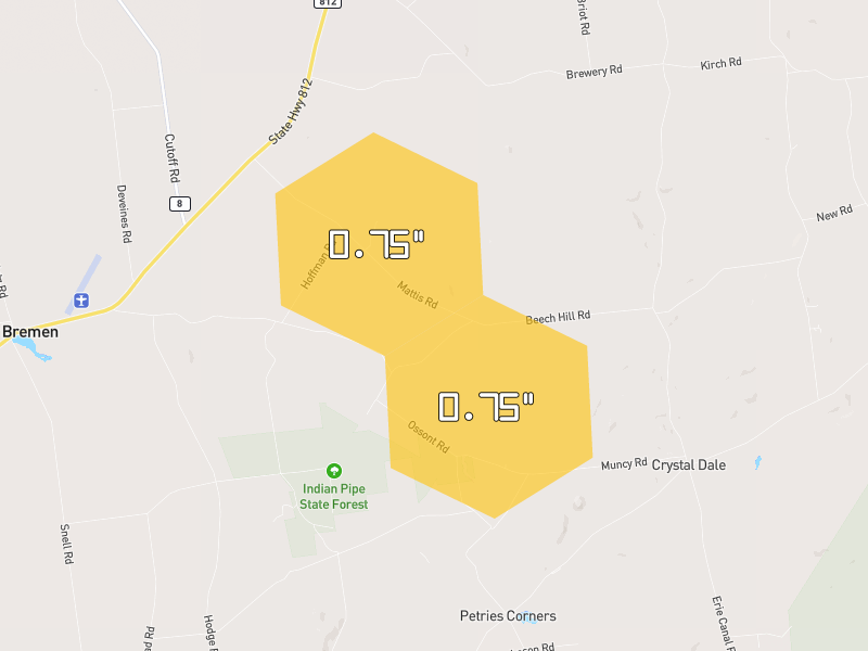 Hail map of Lowville, NY on Jul 2, 2026, hail up to 0.75"