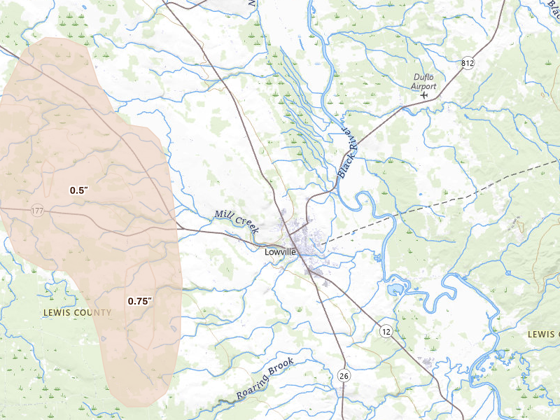 Radar-estimated hail-size map of the storm over Lowville, NY on Jul 14, 2026