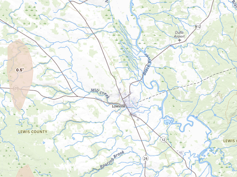 Radar-estimated hail-size map of the storm over Lowville, NY on Jul 15, 2026