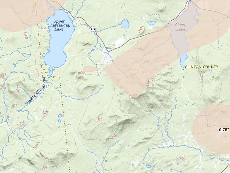Radar-estimated hail-size map of the storm over Lyon Mountain, NY on Jul 1, 2026