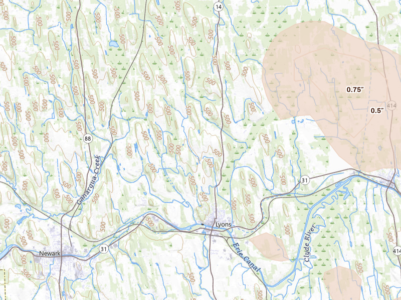 Radar-estimated hail-size map of the storm over Lyons, NY on Jun 30, 2026