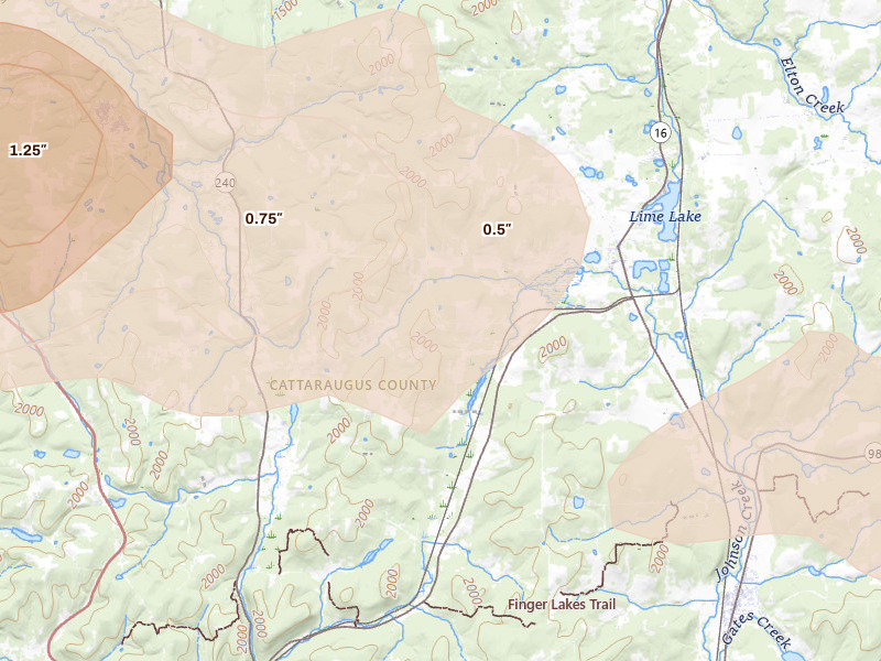 Radar-estimated hail-size map of the storm over Machias, NY on Mar 31, 2026